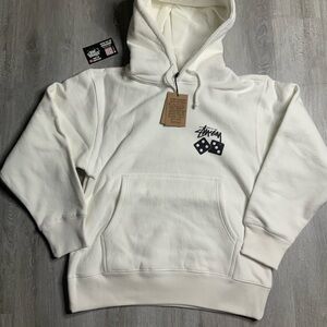 Stussy White Crewneck Hoodie with Black Dice Logo